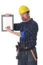 Construction worker wonderfully looking on documen Royalty Free Stock Photo