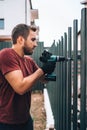 Construction worker working with an electric screwdriver on the construction site Royalty Free Stock Photo