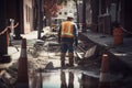 construction worker working on a new road construction site in an urban setting, Utility worker men rear view fixing a broken