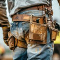 A construction worker's sturdy leather tool belt, filled with various tools, is worn over worn blue jeans Royalty Free Stock Photo
