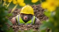 Construction worker in yellow hard hat and hi-vis vest emerging from soil surrounded by greenery Royalty Free Stock Photo
