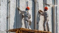 Construction workers applying stucco to exterior wall for building facade renovation project at site Royalty Free Stock Photo