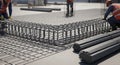 Construction Workers Assembling Steel Reinforcement for Concrete Structure on a Building Site with High-Angle Perspective Royalty Free Stock Photo