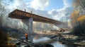 Construction Workers Building a Bridge Over a Stream in Autumn Royalty Free Stock Photo