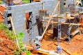 Construction workers building concrete block wall at construction site on works day in countryside Royalty Free Stock Photo