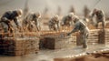 Construction workers building foundation using steel rebar concrete formwork on site project Royalty Free Stock Photo