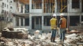 Construction workers are on a building site, overseeing the progress of a highrise project. AIG53M Royalty Free Stock Photo