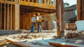 Construction workers are on a building site, overseeing the progress of a highrise project. AIG53M Royalty Free Stock Photo