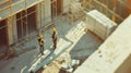 Construction workers are on a building site, overseeing the progress of a highrise project. AIG53M Royalty Free Stock Photo