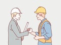 Construction workers and businessman teamwork shake hands cooperate simple korean style illustration
