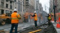 Construction Workers by a Chain-Link Fence in a City Setting Royalty Free Stock Photo