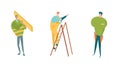 Construction workers characters set. Carpenter with timber, handyman in tools belt, diy man with drill.