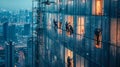 Construction Workers Cleaning Windows of a Skyscraper at Dusk Royalty Free Stock Photo