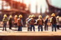 Construction workers at construction site outdoors, labor wearing yellow safety hardhats. Generative AI