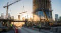 Construction workers and cranes building a skyscraper at sunset Royalty Free Stock Photo