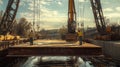 Construction Workers and Cranes Lowering a Steel Beam over a Body of Water Royalty Free Stock Photo