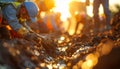 Construction workers digging in dirt with golden sun flare and bokeh soil Royalty Free Stock Photo