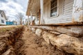 Construction workers are digging a trench next to the foundation of an old house, preparing for repairs or improvements Royalty Free Stock Photo