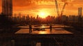 Construction Site at Sunset with Crane and Workers, City Skyline Background Royalty Free Stock Photo