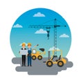 Construction workers engineer foreman truck forklift excavator crane round sky design