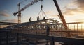 Construction Workers Erecting Steel Structure at Sunset on a Building Site with Cranes and Equipment under a Bright Sky Royalty Free Stock Photo