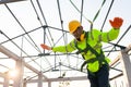 Construction workers fall from a height but have safety to help. Concept of preventing danger from heights with Safety on the Royalty Free Stock Photo