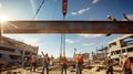 Construction workers guiding a large steel beam being hoisted by a crane at a commercial building site. Generative AI