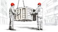 Construction workers handling wooden crate using crane Royalty Free Stock Photo