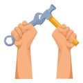Construction workers hands holding tools Royalty Free Stock Photo