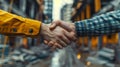 Construction Workers Handshake in Front of Building Under Construction Royalty Free Stock Photo