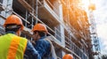 Construction workers in hard hats overseeing a building site with scaffolding and cranes Royalty Free Stock Photo