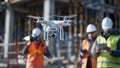 Construction workers in headgear observe drone at site Royalty Free Stock Photo
