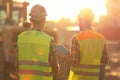 Construction workers in high-visibility vests standing outdoors discussing plans in the warm light of sunset Royalty Free Stock Photo