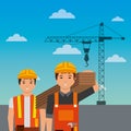 Construction workers holding wooden crane on sky background Royalty Free Stock Photo