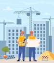 Construction workers, industrial technician builders over city construction site. Tower cranes building residential buildings. Man Royalty Free Stock Photo