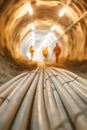 Construction Workers Inspecting Pipelines in Underground Tunnel Royalty Free Stock Photo
