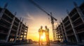 Construction Workers Inspecting Plans at Sunset Construction Site Royalty Free Stock Photo