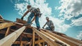 Construction workers install new roofs, roofing tools and fall protection devices. Apply to new roofRoof repair