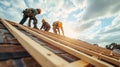 Construction workers install new roofs, roofing tools and fall protection devices. Apply to new roofRoof repair