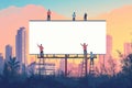 Construction workers installing big billboard in the city at sunset Royalty Free Stock Photo