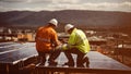 Construction workers installing solar panels on site, generative ai Royalty Free Stock Photo