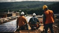 Construction workers installing solar panels on site, generative ai Royalty Free Stock Photo