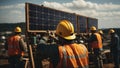 Construction workers installing solar panels on site, generative ai Royalty Free Stock Photo