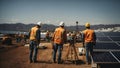 Construction workers installing solar panels on site, generative ai Royalty Free Stock Photo