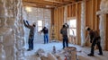 Construction Workers Insulating Walls of a House Under Construction Royalty Free Stock Photo