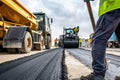 Construction Workers Laying Asphalt with Heavy Machinery. Generative ai