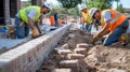 Construction Workers Laying Bricks for a New Sidewalk Royalty Free Stock Photo