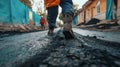 Construction workers are laying new asphalt road pavement at a construction site in a residential area, Ai Generated