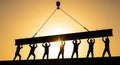 Construction workers lifting steel beam with crane silhouette Royalty Free Stock Photo