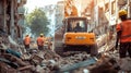 Construction workers and machinery clearing debris from a damaged urban area Royalty Free Stock Photo